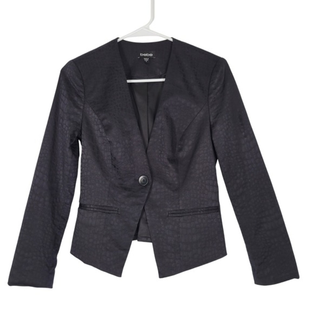 Bebe Womens Black Blazer Crocodile Embossed Single Button Collarless Sz 0 Office